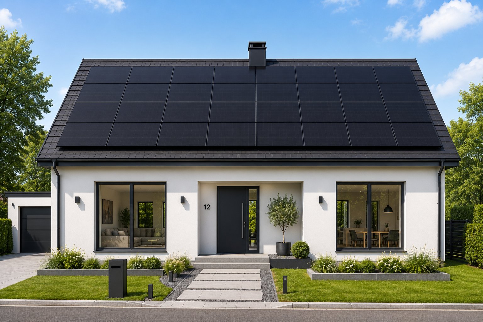 Maison équipée de panneaux solaires noirs